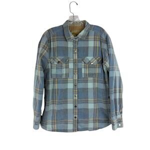 PrAna Womens Finnegan Snap Front Shirt Shacket Blue Plaid Lined Corduroy Large